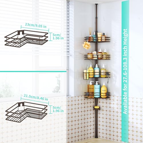 HapiRm Corner Shower Caddy Organizer - Shower Organizer Corner with Soap Holder, Toothbrush Holder and 4 Hooks, Rustproof Bathroom Shelf Tension Pole Available for 27.6 to 108.3 Inch - Bronze - color: Bronze