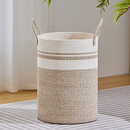 VIPOSCO Large Laundry Hamper, Tall Woven Rope Storage Basket for Blanket, Toys, Dirty Clothes in Living Room, Bathroom, Bedroom - 58L Brown & White - color: Brown & White, size: 58L