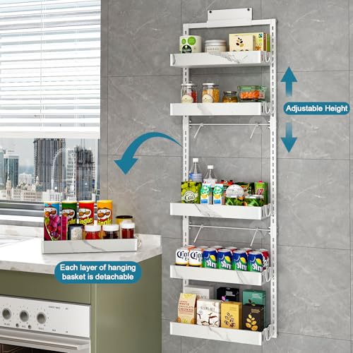 BUKFEN 6-Tier Over the Door Pantry Organizer, 2-in-1 Door Hanging or Wall Mounted Spice Rack, Heavy Duty Metal Storage Shelves with Adjustable Baskets for Kitchen Bathroom Closet, 1 Pack - color: White pole marble color, size: 6 Tier