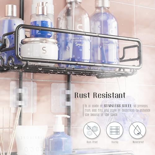 Shower Caddy Hanging Bathroom Organizer: Over Head Adjustable Rack for Tall Showerhead - Extra Large Storage Shelf for Big Shampoo Bottles with Soap Holder - color: Black