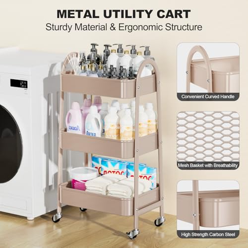 EAGMAK 3 Tier Rolling Cart, Large Metal Storage Cart with Handle and Lockable Wheels, Big Multifunctional Storage Organizer Trolley with Mesh Baskets for Kitchen, Living Room, Office, Garage (Beige) - color: Beige, size: Large