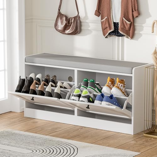 MHOM White Entryway Bench with 2 Flip Drawers, Shoe Bench with Padded Seat Cushion, Wooden Shoe Storage Bench for Entryway and Apartment - color: White