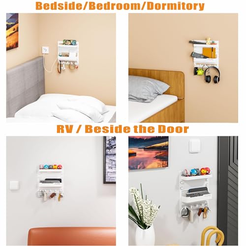 SUOXING Bedside Wall Organizer for Bedroom,Rv,Small Rooms,Nightstand and Bedside Wall Shelf for Earphone,Glasses,Remote Control,Phone Charging Shelf,Dorm Decor for College Girls and Teen Girl,White - color: White