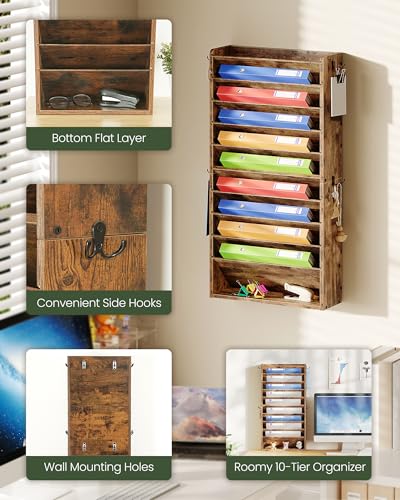 CHOEZON Wall File Organizer, 10-Tier Hanging Mail Organizer, Wall Mount File Holder with 4 Side Hooks, Mail and Storage Organizer, Wooden Vertical Hanging Holder for Office, Rustic Brown MWJ03FG - color: Rustic Brown, size: 10-Tier