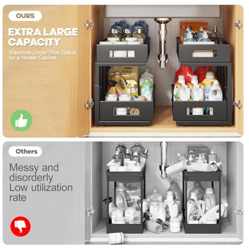 1 Pack 17IN Depth Under Sink Organizer, 2-Tier Pull Out Cabinet Organizer With Smooth Circular Rail, Large Capacity Metal Mesh Sliding Drawers For Bathroom& Kitchen Storage,Height Adjustable –Black - color: Black, size: 1 Pack-17"Dx11.6"-16.7" H