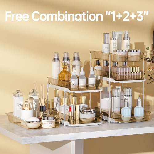 Delamu 2 Pack 3-Tier Bathroom Under Sink Organizers and Storage, Multi-Purpose Stackable Pantry Organization and Storage, Pull Out Clear Kitchen Bathroom Cabinet Organizer with Movable Dividers, Amber - color: Amber, size: 2 Pack 3-Tier