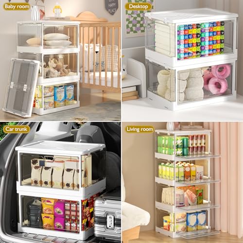 Kmiectse Clear Storage Bin with Lid 3 Pack 【Stackable & Sturdy】 Plastic Multifunctional Folding Storage Bins for Bedroom, Living Room, Study,Room, 23 QT Folding Box with Magnetic Door - size: 3 Tier-3 Lids