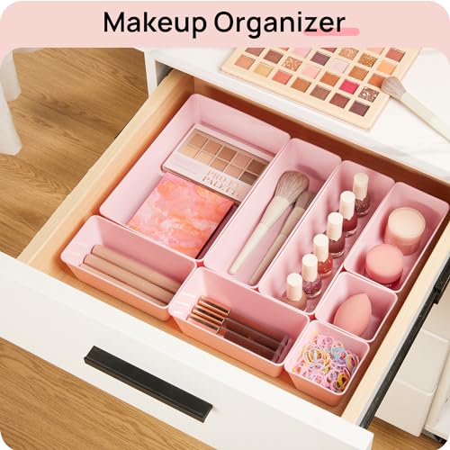 Vtopmart 44 PCS Plastic Drawer Organizers Set, 4-Size Versatile Bathroom and Vanity Organizer Trays, Non-Slip Storage Containers for Makeup, Jewelries, Bedroom，Kitchen Utensils and Office, Pink - color: Pink