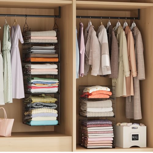 X-cosrack Hanging Closet Organizer and Storage - 5-Tier Closet Storage Organizer Baskets for Clothes & Adjustable Collapsible Metal Closet Hanging Organizer Shelves for Sweaters Shoes Handbags - color: Black, size: Small