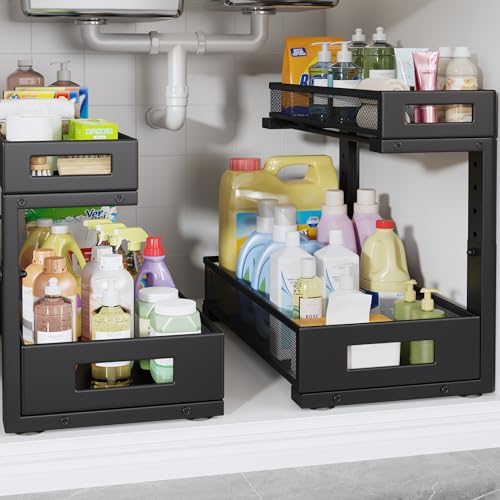 2 Pack 17IN Depth Under Sink Storage Organizer, Large 2-Tier Elegant Mesh Pull Out Shelf for Kitchen and Bathroom Cabinet Organization, L-Shaped and Adjustable Height Design-Black - color: Black, size: 2 Pack-17"Dx11.4"-16.14"H