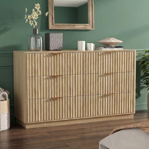 VOWNER Fluted 6 Drawers Dresser for Bedroom, 54" Wide Modern Chest of Drawers with Metal Handle, Closet Clothes Storage Organizer, Wood Dresser TV Stand for Living Room, Closet, Hallway, Entryway - color: Oak