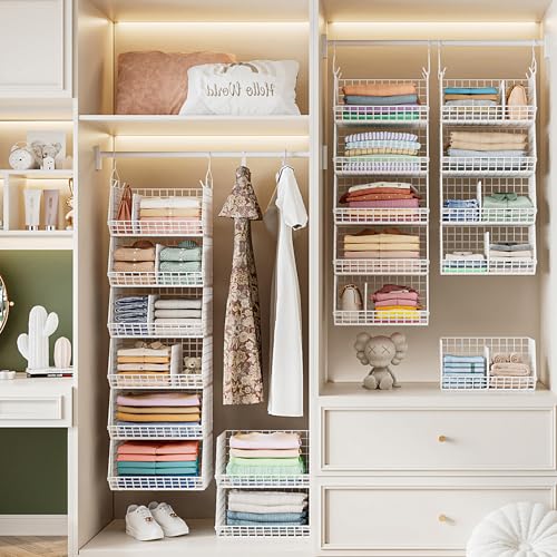 6 Tier Extra Large Hanging Closet Organizer, Closet Storage Hanging with Dividers, Wire Closet Shelf with 5 S Hooks 4 Dividers,Sweater Handbag Hat Accessory Storage Hanger,White - color: White, size: 6-Tier