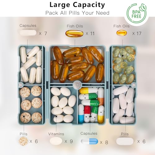 FYY Daily Pill Organizer, 7 Compartments Portable Travel Pill Case, [Folding Design] for Purse Pocket to Hold Vitamins,Cod Liver Oil,Supplements and Medication-Blue - color: Blue, size: Small (1 Piece)