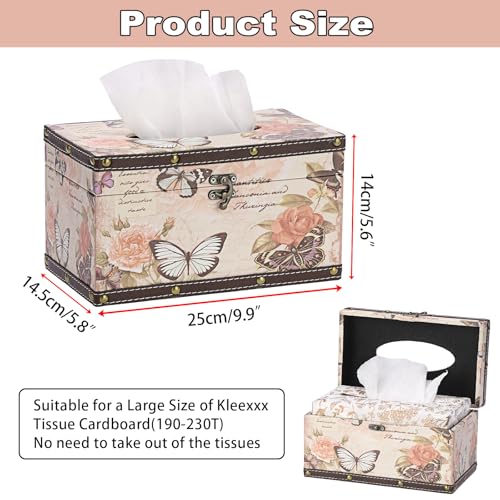 Vintage Tissue Box Cover, Wood Rectangular Tissue Box Holder, Decorative Butterflies Faux Leather Tissue Holders for Table Bathroom Living Room Kitchen Office Car Home Decor, Distressed Pink - size: Large