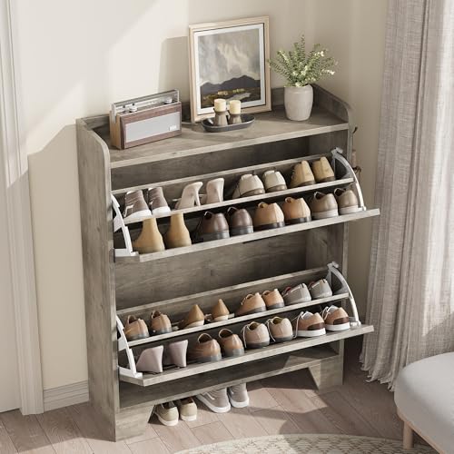 Garvee Shoe Storage Cabinet with 2 Flip Drawers, Freestanding Shoe Organizer Storage for Entryway with 2 Side Hooks, Farmhouse Hidden Slim Narrow Shoe Rack Cabinet, Gray - color: Grey, size: 2-Drawers