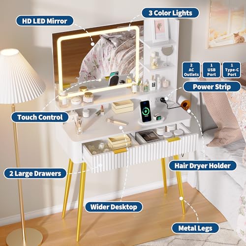 Garvee Fluted Vanity Desk with Mirror and Lights, 31 in Small Makeup Vanity Storage Cabinet & 2 Drawers, 3 Lighting Modes, Stylish Dressing Table for Bedroom - color: Light White