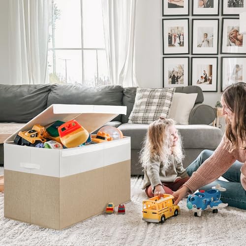 INDRESSME 26"x17"x17" Large Toy Box, Toy Storage Organizer Collapsible Storage Bins with Lids Toy Chest for Nursery, Playroom, Living Room, Toy Baskets Storage Kids, Boys Girls (Beige & White) - color: Beige & White, size: 26"x17"x17"