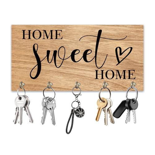 Home Sweet Home Wooden Key Holder - Wall Mounted Key Holder Rack Organizer Hanger with 5 Hooks for Wall Express Love Art Decor for Entryway Front Door Hallway Office(5 x 8 inch) - A06 - color: Home Sweet Home