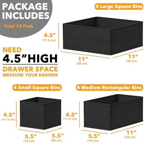 SpaceAid Drawer Organizer Clothes, 12 Pack Dresser Organizer Bins for Nursery, Closet Organization and Storage Dividers for Clothing, Baby Clothes, Underwears, Socks (Black) - color: Black, size: 12 Pack