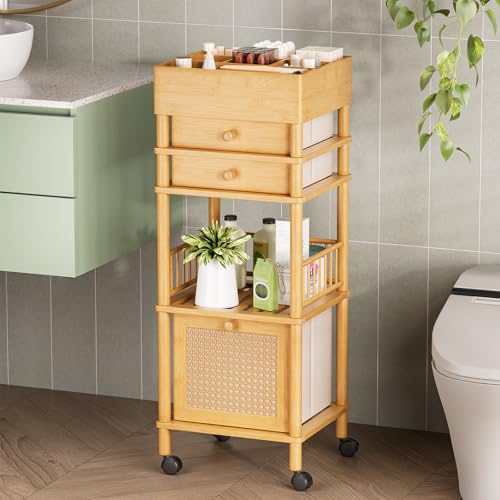 Amazer Bamboo Makeup Organizer Cart with 3 Drawers, Floor Skin Care Storage for Bathroom Bedroom, Rolling Vanity Organizer Cart for Cosmetic, Nail Polish, Perfume and Hair Tools - color: Natural Color