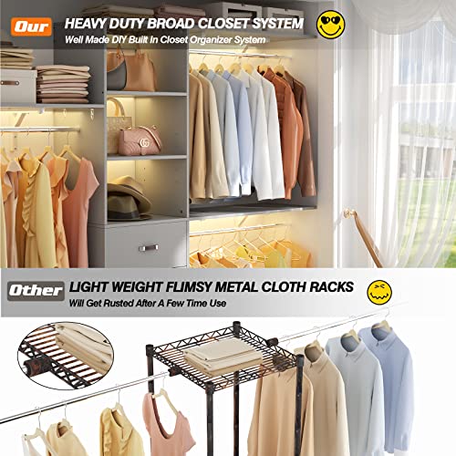 Armocity 96 Inches Closet System, 8FT Walk In Closet Organizer with 3 Shelving Towers, Heavy Duty Clothes Rack with 3 Drawers, Built-In Garment Rack, 96" L x 16" W x 75" H, Max Load 1000 LBS, Grey - color: Grey