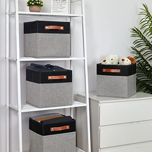Temary 11 x 11 Cube Storage Bins Fabric Storage Cubes for Shelf, Closet, 4 Pack Cube Basket for Clothes, Storage Cube Bins with Leather Handles(Black&Grey) - color: Black&Grey, size: 11×11×11