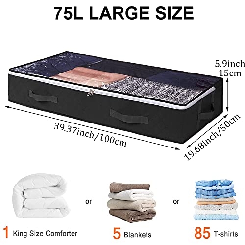 Under Bed Storage Containers, 4-Pack Large Underbed Storage Bags Organizer, Thick Fabric Storage Bins with Clear Window and Handles for Blanket, Comforter, Bedding, Clothes, Black - color: 4 Pcs-Black