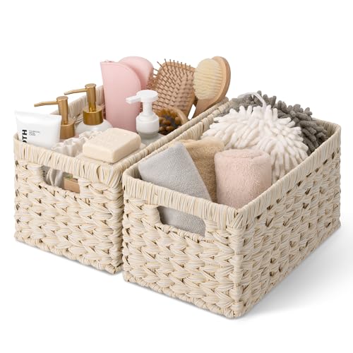 GRANNY SAYS Storage Baskets for Organizing, Wicker Storage Basket for Shelf, Wicker Basket for Organization, Waterproof Basket for Living Room, Decorative Basket for Pantry and Entryway, 2-Pack - color: Butter Milk, size: 13"L x 8 ¼"W x 7"H