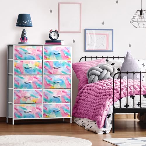 Sorbus Kids Dresser with 10 Drawers - Storage Chest Organizer Unit Nightstand - Steel Frame, Wood Top, Tie-Dye Fabric Bins for Clothes - Wide Furniture for Bedroom, Hallway, Nursery, Closet, Apartment - color: Watercolor, style: 10-Drawer