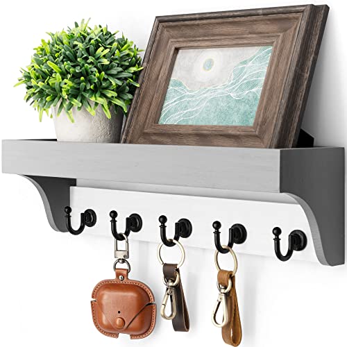 Rebee Vision Key Holder with Mail Organizer Wall Mount - Decorative Home Essentials for Key Rack with 5 Rustic Keys Hooks - Modern House Decor for Entryway (Gray & White) - color: Gray&White