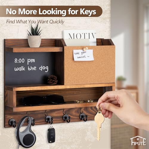 Key Holder for Wall Mount with Mail Organizer, Farmhouse Key Holder for Wall with Shelf, Chalkboard&Corkboard, Entryway Organizer 11 Metal Hooks, Decorative Natural Pine Wood, 14.6*11.1*3.3”, B-Brown - color: Brown-b