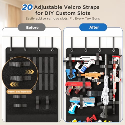 Over the Door Organizer for Toy Guns, Toys Storage Door Hanger with Pockets and Slots for Kids Foam Blasters, Darts, Goggles, Over Door Toy Guns Storage Organizer, for Kids Rooms, Game Rooms, Black - color: Black