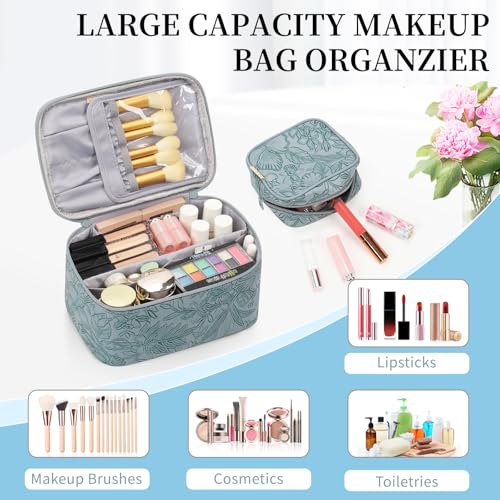 OCHEAL Makeup Bag Set, Portable Travel Makeup Bags Cosmetic Organizer Bag for Women Cute Floral Cosmetic Pouch Large Capacity Make up Bag PU Leather Toiletry Bags with Divider and Handle-Blue - color: 0020_Blue Lily Set of 2, size: Medium