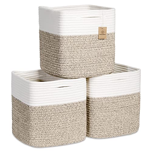 NaturalCozy Storage Cubes 11 Inch Cotton Rope Woven Baskets for Organizing, 3-Pack | Cube Bin Square Shelves Organizer, Classroom, Kids Toy Bins, Closet, Baby Nursery - color: Off White & Mixed Brown