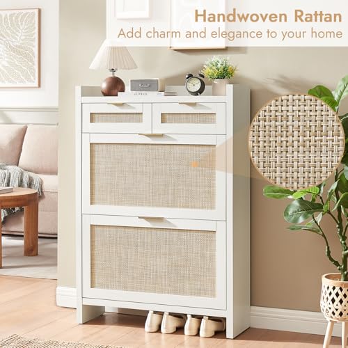 HOKYHOKY Rattan Shoe Storage Cabinet with 2 Drawers & 2 Flip Drawers – Hidden Slim Shoe Organizer for Entryway, Large Tabletop Space, Farmhouse Boho Narrow Shoe Rack, Rustic White - color: Rustic White, size: 2 Flips