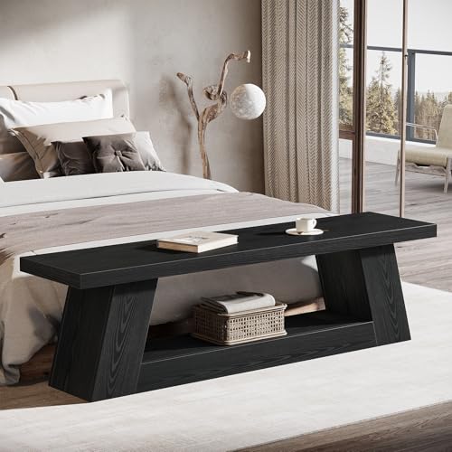 Tribesigns 63" Wooden Entryway Bench with Storage Shelf, Rustic Extra Long Bench, 2-Tier Narrow Hallway Seating Bench for Living Room, Bedroom, Kitchen(Black) - color: Black