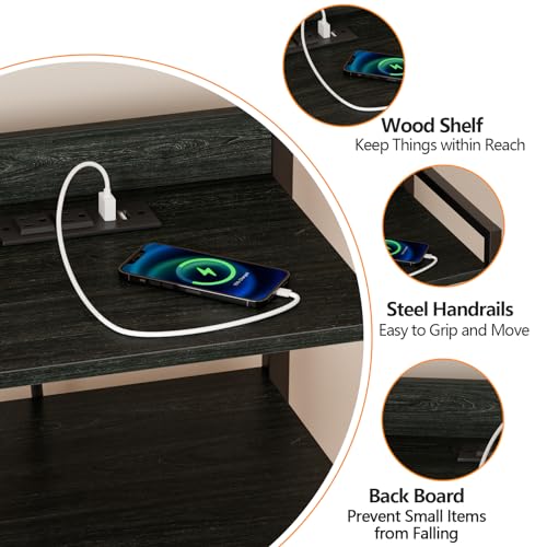 Furnulem Night Stand with Charging Station, Black Nightstand with Drawers and Led Light, Tall Dresser for Bedroom, Bedside Table with Fabric Storage Bins, Metal Frame, Wood Furniture - color: Black Oak, style: 4 Drawer