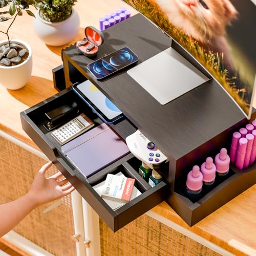 Simple Trending Wood Monitor Stand Riser with Drawer and Pen Holder, Desk Organizer for Home Office, Black