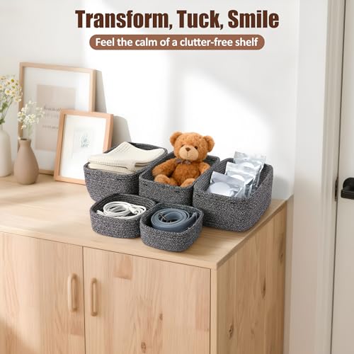 5-Pack Small Woven Rope Storage Baskets – 2 Sizes Organizer Bins for Closet, Shelf, Bookshelf, Nursery, Changing Table, Fabric Cube Boxes, Rectangular Shallow Bins for Bathroom, Toy & Home - color: Grey