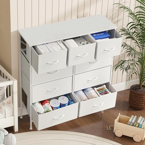Dresser for Bedroom, 9 Storage Drawers, Anti-Tip Tall Fabric Closet Chests Organizer Tower Furniture with Wooden Top Metal Frame for Clothes, Living Room, Hallway, Entryway