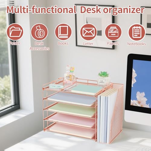 AUPSEN Rose Gold Desk Organizers and Accessories, 5-Tier Desktop Paper File Organizer with Removable File Holder, Desk Accessories & Workspace Organization for Home Office Supplies (Rose Gold) - color: Rose Gold