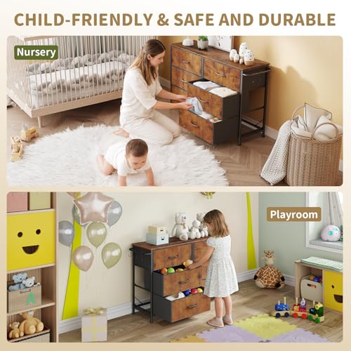 Dresser for Bedroom with 6 Drawers, Small Fabric Dresser for Kids Bedroom, Chest of Drawers, Storage Organizer Dresser for Closet, Nursery, Dorm, Apartment, TV Stand, Wood Top Side Hooks, Rustic Brown - color: Rustic Brown, size: 11.8"D x 39.4"W x 25.6"H