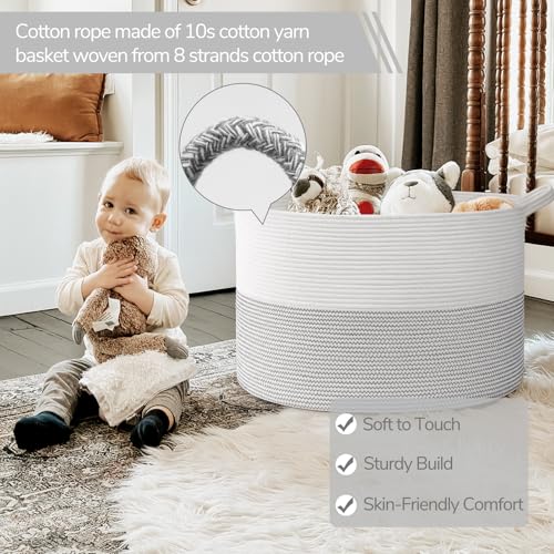 INDRESSME 115L Extra Large Blanket Basket, Cotton Rope Toy Baskets Storage Kids Toy Bin for Playroom Decor Woven Baby Laundry Basket for Organizing, Black Stitch - color: White, size: 23.6"D x 15.7"H
