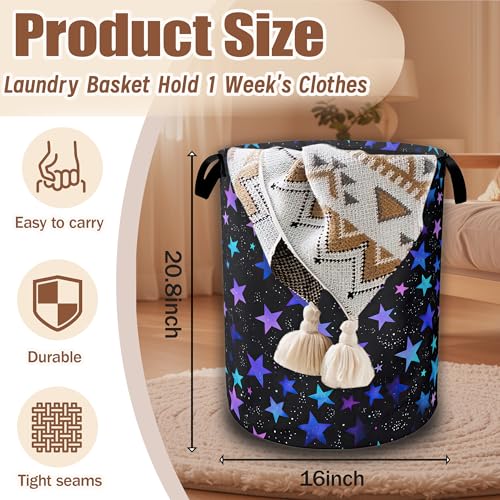 Neon Stars Laundry Basket,Rainbow Glittering Laundry Hamper Waterproof Oxford Cloth Tote Collapsible,Clothes Storage Bucket Decorative Toy Organizer For Bathroom Bedroom 16" x 20.8" - color: Neon Stars,Rainbow Glittering