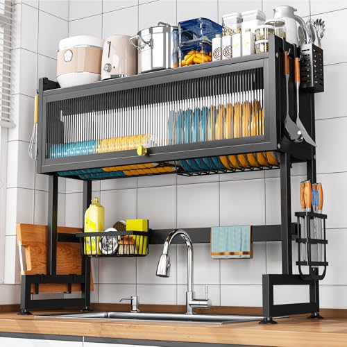 SNSLXH 𝐋𝐚𝐫𝐠𝐞 2-Tier Over The Sink Dish Drying Rack, 33.66"×31.1"×11.81", Large Sink Rack for Kitchen, Saving Kitchen Space, Cover Design Holds Dishes, Bowls, and Cutlery, Kitchen Sink Shelf - size: Standard 2 tiers 3 baskets