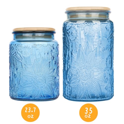 Custde Glass Storage Jars With Airtight Lid, 35oz Canister For Kitchen Counter with Bamboo Lid, brown sugar, candy, coffee, cookie, salt, tea,pantry cute Jar (Blue, 35 fl oz) - color: Blue, size: 35 fl oz