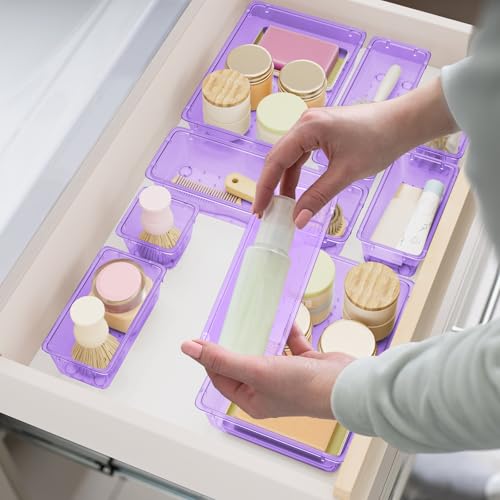 SpaceHacks 15 PCS Clear Plastic Drawer Organizer Set, 4-Size Acrylic Drawer Storage Trays, Storage Bins for Makeup, Gadgets, and Jewelry in Bathroom, Bedroom and Office, Clear Purple - color: Purple