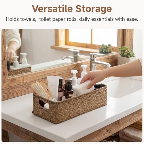StorageWorks Wicker Toilet Paper Basket for Back of Toilet Baskets, Seagrass Bathroom Basket Organizer and Storage for Tank Topper, Small Tank Trays for Decor with Built-in Handles, Brown - color: Brown (Seagrass)
