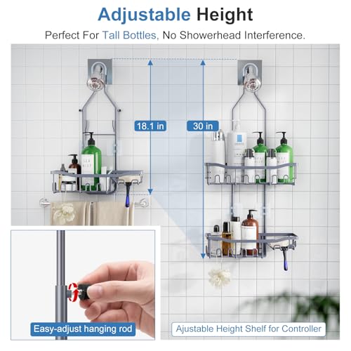 Shower Caddy, Upgraded Extended Length Shower Caddy Over Showerhead No Blocking to Showerhead, Rustproof Bathroom Organizers and Storage with Hooks Shampoo Soap Holder, Large Hanging Caddy - color: Grey - 2 Tier - Standard