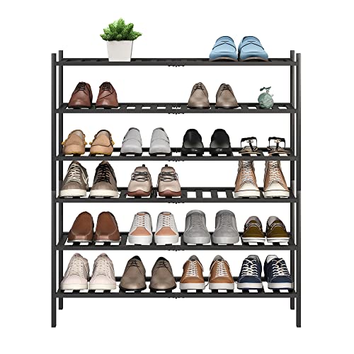 BMOSU 6-Tier Bamboo Extended Shoe Rack Premium Stackable Shoe Shelf Storage Organizer for Hallway Closet Living Room Entryway Organizer (Black Bamboo) - color: Black Bamboo, size: 6-Tier Long（33.3*11*36.6inches）